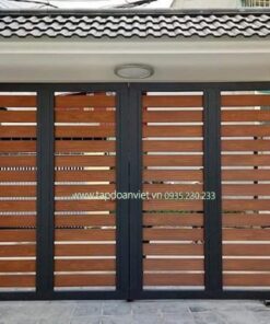 Cổng sắt 4 cánh giả gỗ sang trọng - Tập Đoàn Việt cong sat 4 canh gia go